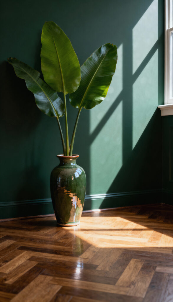 sunlit green interior with large plant herringbone floor